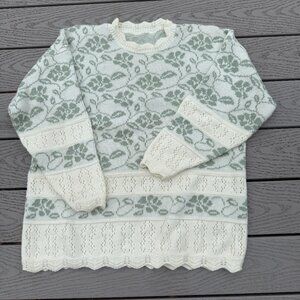 Vintage 80s Floral Sweater Retro Coquette Cottagecore Green White Large NO Tags